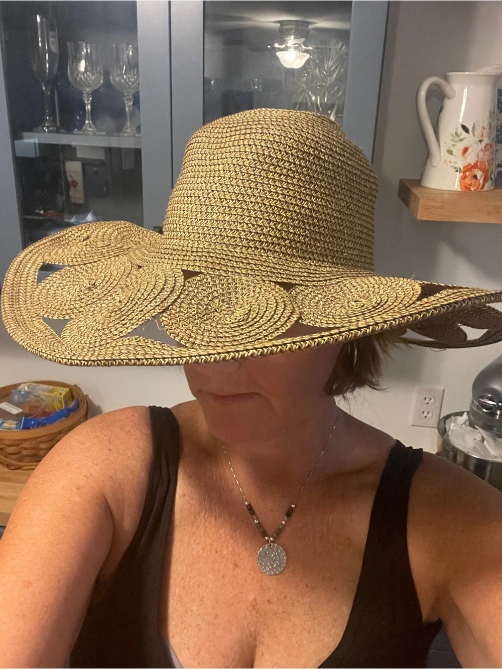 Women’s Wide-Brim Straw Sun Hat in Tan - Elegant Cutout Beach Hat